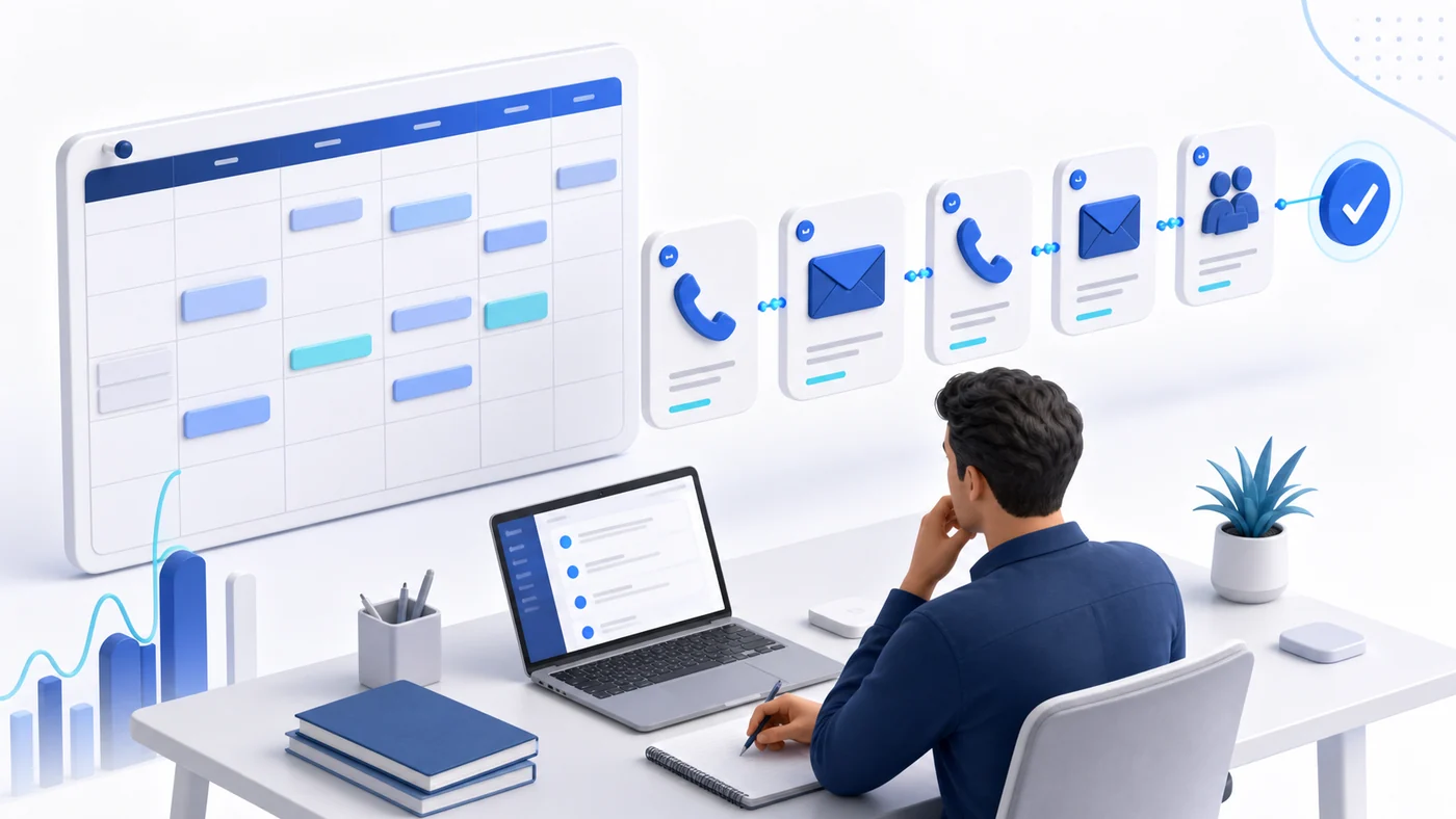 Profissional organizando contatos comerciais em uma cadência com agenda, telefone, e-mail e reunião