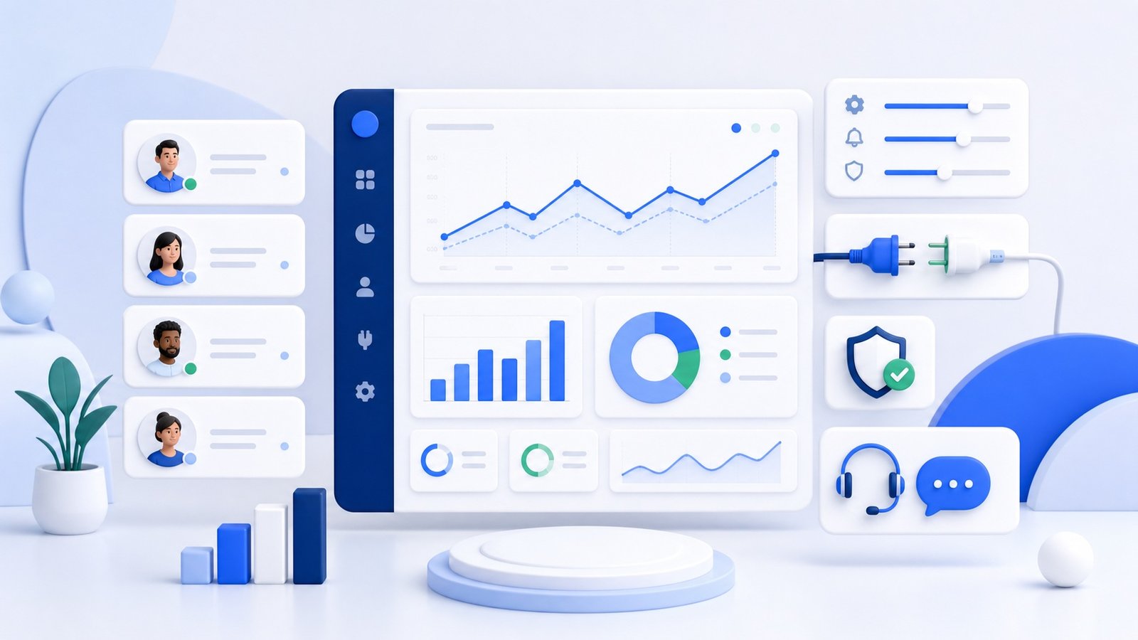Painel visual com gráficos comerciais, equipe, integrações e indicadores